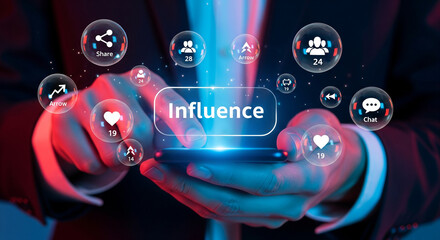 Social media influence and audience reach concept with interaction icons