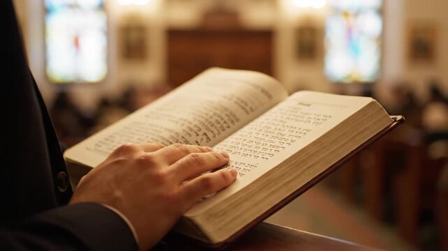 Close-up of man's hands holding open religious book in church, reading scripture