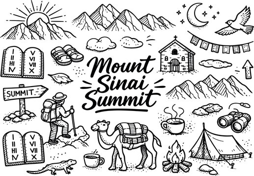 Iconic Mount Sinai summit hand drawn doodle elements set, center hand-lettered title, black & white vector line art, bold clean