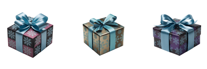 Collection of Three colorful gift boxes with blue ribbons and bows isolated on transparent background