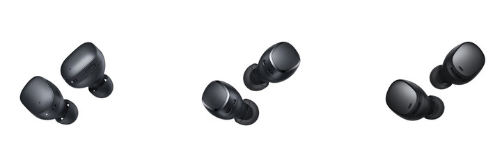 Collection of Black wireless earbuds in different positions isolated on transparent background