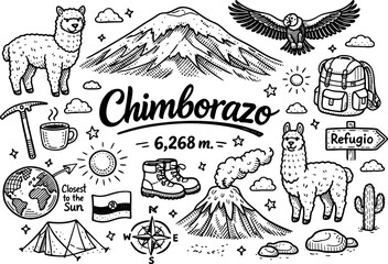 Iconic Chimborazo volcanic summit hand drawn doodle elements set, center hand-lettered title, black & white vector line art, bold