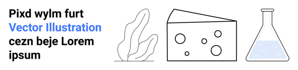 Science education, chemistry, organic food, nature studies, research, minimal iconography. Line art includes a laboratory flask, cheese slice and an abstract organic plant. Science education