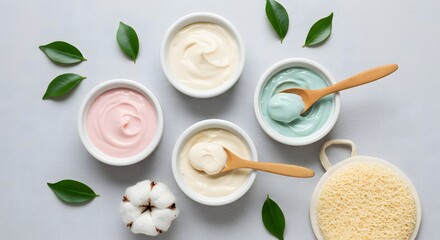 Assortment of colorful cosmetic creams natural ingredients and skincare tools on gray background