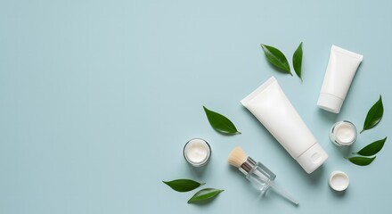 White cosmetic products with green leaves arranged on a light blue surface