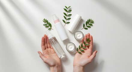 Hands presenting natural skincare products with lush green leaves on a white surface