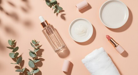 Aesthetic flat lay of skincare and makeup products on a soft peach background