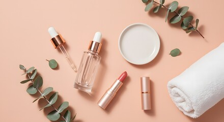 Aesthetic flat lay featuring skincare products cosmetics and botanical eucalyptus leaves on a soft pink background