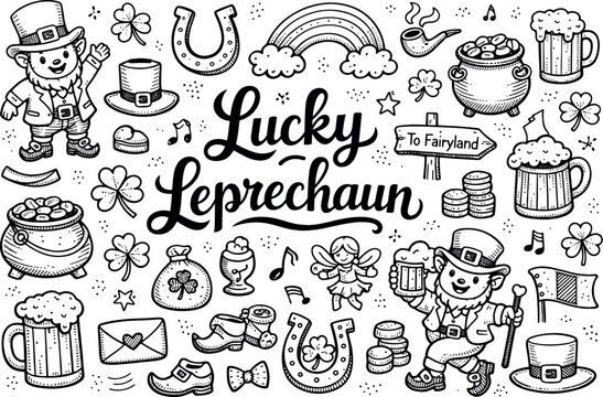Cheerful leprechaun folklore fun scene hand drawn doodle elements set, center hand-lettered title, black & white vector line art,