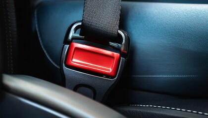 Obraz premium the seat belt buckle with red press button in dramatic automotive interior closeup