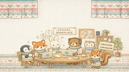 Conscious Capitalism Movement, Cozy Knitted Illustration of Cute Animals in an Ethical Workplace Promoting Conscious Capitalism and Teamwork