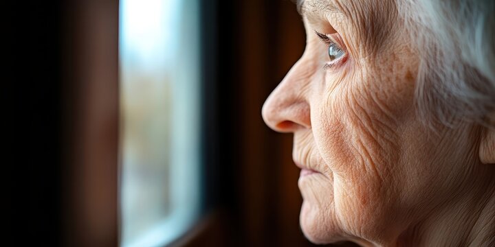 Crying elderly woman gazes out the window in her quiet home