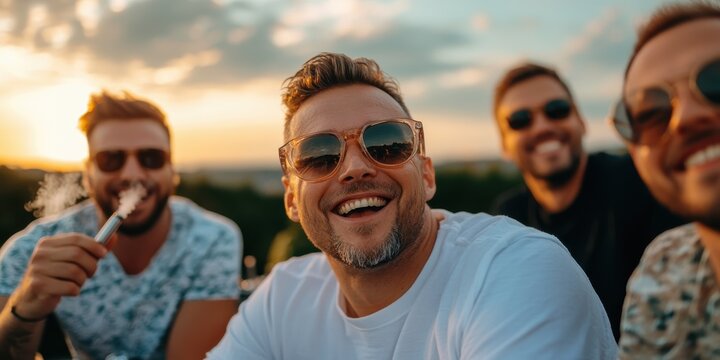 Friends enjoying sunset while vaping together in a relaxing outdoor setting