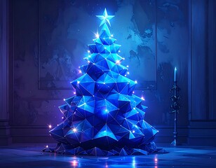 Futuristic Christmas Tree with Geometric Design and Blue Lighting.