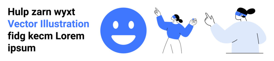 Fototapeta premium Emotions, communication, creativity, teamwork, interaction, expression. Bold smiling face alongside abstract human figures in blue. Emotions and communication visually