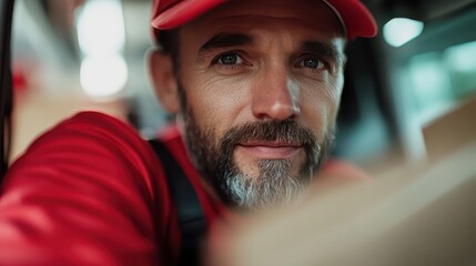 Happy worker prepares delivery in bustling logistics warehouse