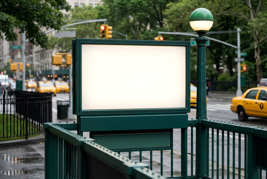 Blank horizontal light box mockup at a subway entrance, green metal structure with blurred city street in the background.