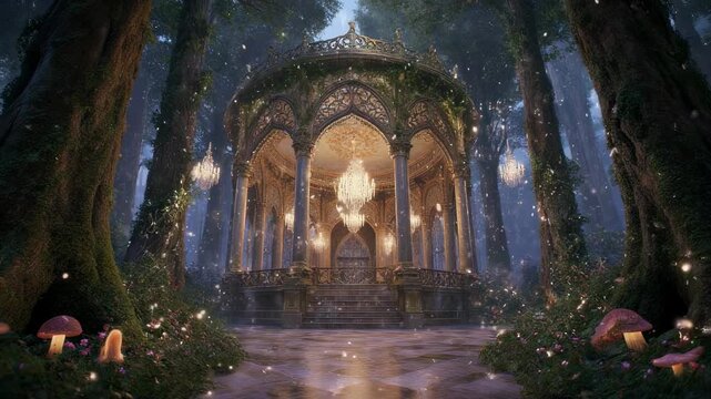 Enchanted forest pavilion with ornate details, glowing chandeliers, and mystical flora