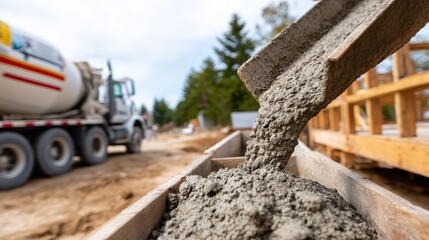 Obraz premium Concrete flows gracefully from truck to cart at bustling construction site