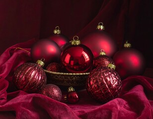 Festive Red Christmas Ornaments in a Decorative Bowl.