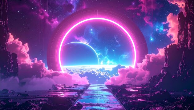 Neon portal to another dimension with clouds and cosmic energy.
