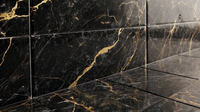 Black marble with gold veining tiles forming a wall and floor detail