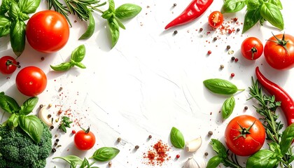 Fresh and Vibrant Italian Ingredients Arranged on a White Background.