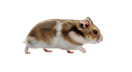 Syrian hamster with brown and white fur walking on transparent background