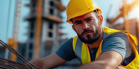 Kneeling construction worker carefully arranging steel rebar at site