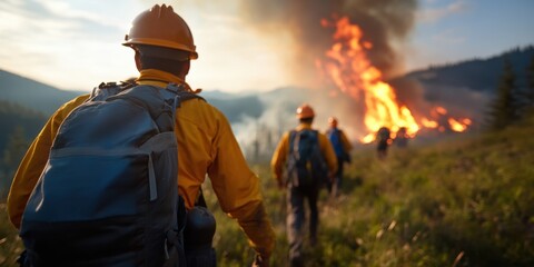 Naklejka premium Firefighters battle raging flames in a forest fire's fierce grip