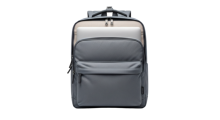 Modern grey business laptop backpack with laptop inserted, isolated on transparent background