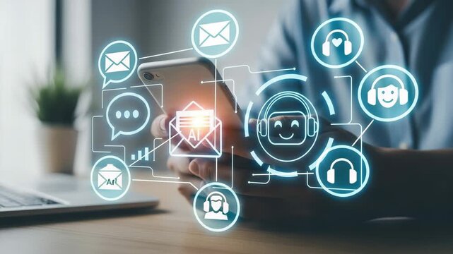 Integrating ai customer service and digital communication on a mobile phone for assistance motion animated 4K video.