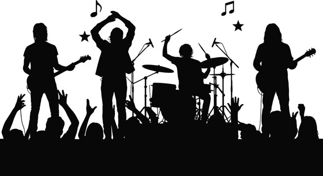 Silhouette of a rock band performing on stage with an excited audience  musicians and crowd in black silhouette
