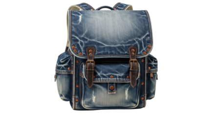 Vintage denim backpack with leather straps and metal studs isolated on transparent background