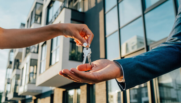 Real estate agent handing over house keys to a new client, symbolizing a successful property transaction in front of a modern urban apartment building