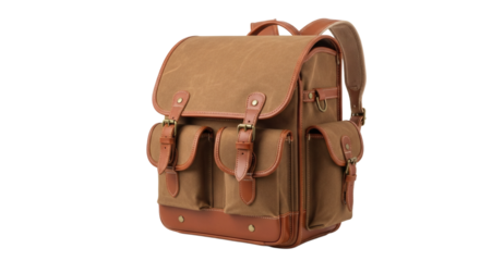 Vintage canvas and leather backpack for travel or school isolated on transparent background