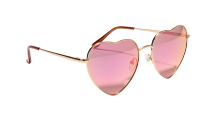 Heart shaped pink mirrored sunglasses with gold frame isolated on transparent background