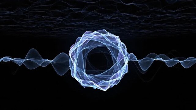 Abstract glowing blue energy wave forming a pulsating spherical particle field on dark background
