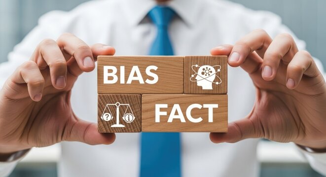 Man holding wooden blocks with words BIAS and FACT, symbolizing the importance of objective analysis and avoiding prejudice in decision-making.