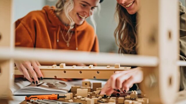 Lesbian Couple Assembling Flat Pack Furniture at Home