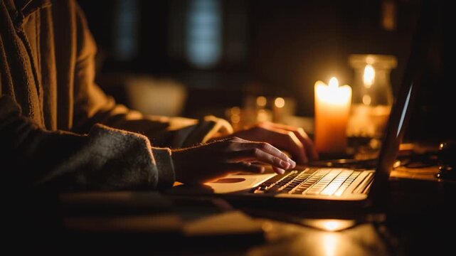 Candlelit Workspace During Power Outage With Anxious Hands on Laptop