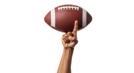 Hand balancing an american football on index finger isolated on transparent background
