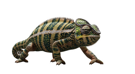 Obraz premium Detailed close-up of a chameleon with striking green and yellow stripes on transparent background