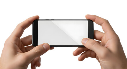 Horizontal Smartphone PNG Held by Hands with Blank Screen for Mobile App UI Mockup Technology Presentation and User Interaction Concepts

