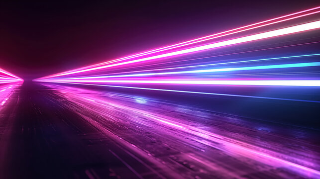 Speed light trails in futuristic tunnel with neon pink and blue glow. Abstract motion background with glowing lines and reflective surface. Dynamic tech-inspired scene with copy space - Powered by Adobe