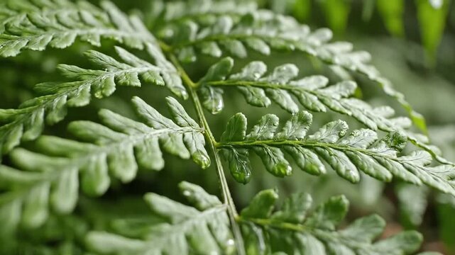 Close up of a vibrant green fern frond with intricate details and soft lighting.