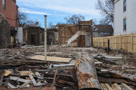 Demolished house in urban neighborhood