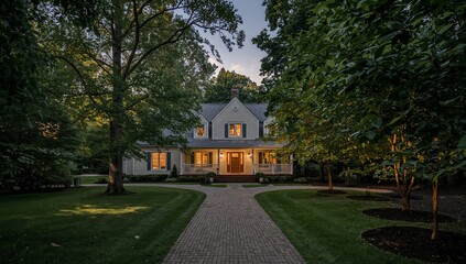 Obraz premium Charming House Surrounded by Trees With Warm Lights in the Evening Sky