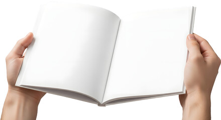 Hands Holding Open Blank Book PNG for Writing Creativity Publishing and Educational Design Mockups
