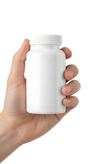 Hand Holding White Plastic Pill Bottle PNG for Pharmaceutical Packaging Supplement Branding and Healthcare Product Mockups
